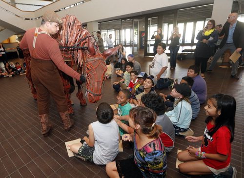 STdup LOCAL . The theatre production of War Horse premiers at the Centennial Concert Hall  June 18 -22 . Brooklands School Gr. 4&5 students were treated  to an introduction by the cast member Jon Hoche  to the horse character Joey in the lobby of the CCH . June 18 2014 / KEN GIGLIOTTI / WINNIPEG FREE PRESS