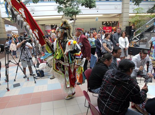 Native dancer Bartley Harris at Portage Place dances at the end of the Aboriginals Peoples Choice awards nominee announcement.  BORIS MINKEVICH / WINNIPEG FREE PRESS  June 19, 2014