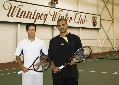 Two-time Manitoba Open defending champion Alex Gravin (right) from Toronto poses for a picture with the number one seed from Guatemala Cristian Paiz. Paiz has represented his country in the Davis Cup competition for the past seven years, his current ATP ranking is #786.  The morning rain drove the tournament indoors at the Winnipeg Winter Club but as the sun came out the afternoon games proceeded back at the scheduled venue at Kildonan Tennis Club.   Photo by Aaron Vincent Elkaim winnipeg free press