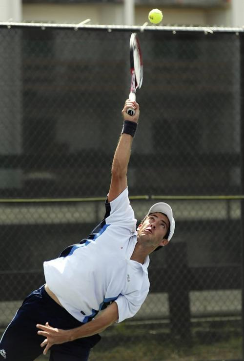 Number one seed Cristian Paiz lays out his serve during the Manitoba Open at the Kildonan Tennis Club on Friday. Paiz travelled from his home in Guatemala to compete in the tournament.   Photo by Aaron Vincent Elkaim winnipeg free press