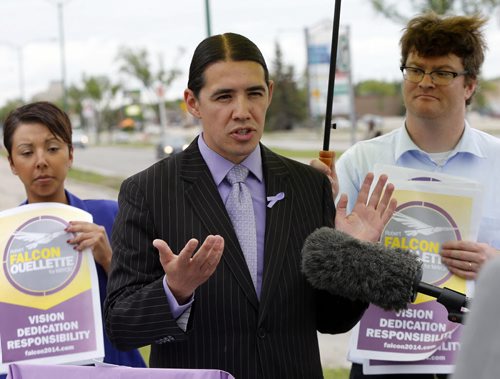 LOCAL - photo radar - Ouellette  WHO: Robert-Falcon Ouellette WHERE: Corner of Grant and Nathaniel .WHEN: Friday, June 20, 11:30 a.m. WHAT: Policy announcement on photo radar from mayoral candidate. Story by Aldo SantinJune 20 2014 / KEN GIGLIOTTI / WINNIPEG FREE PRESS
