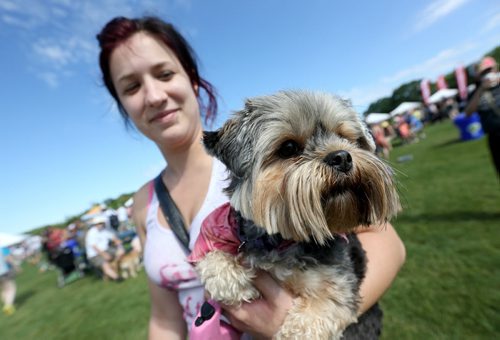 Amber Sobering, 23, with Pixie, a Yorkie Shih tzu cross at the Paws in Motion event in Assiniboine Park, Sunday, June 22, 2014. (TREVOR HAGAN/WINNIPEG FREE PRESS)