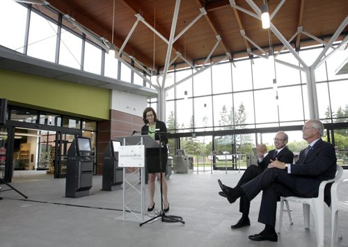 At the podium is Margaret Redmond, pres. and CEO Assiniboine Park Conservancy with Mayor Sam Katz and Hartley Richardson, Chair of the  Assiniboine Park Conservancy board seated during the sneak preview of the new entrance to Assiniboine Park Zoo at 2595 Roblin Blvd. for the media Tuesday. (The new Journey to Churchill exhibit which will be the premiere polar bear and northern species exhibit in the world will open July 3rd.) See news release. Wayne Glowacki / Winnipeg Free Press June 24 2014