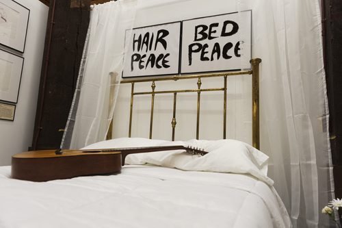 Give Peace a Chance travel exhibit displayed at Fort La Reine museum. It is the 45th anniversary of the John Lennon-Yoko Ono bed-in for peace in Montreal. Sarah Taylor / Winnipeg Free Press