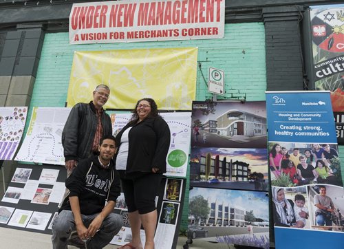 Executive director of North End Community Renewal Corporation Robert Neufield, Romando Nilles with Aboriginal Youth Opportunities and Board member of North End Community Renewal Corporation Haven Stumpf in front of the Merchant Hotel. Sarah Taylor / Winnipeg Free Press