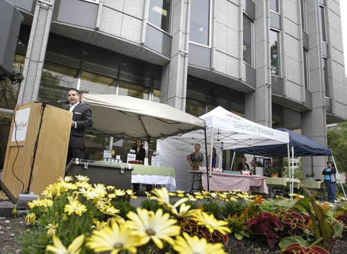 Sachit Mehra, Downtown Winnipeg Biz, Chair of the Board announced Wednesday that a second Farmers' Market will be located in the courtyard of the Workers Compensation Board at 333 Broadway every Monday from 10AM-4PM from July 7 to August 25. The twenty-five vendors will include fresh produce, jams, empanadas, perogies and pastured pork and chicken.     Wayne Glowacki / Winnipeg Free Press June 24 2014