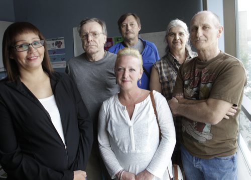 A group of Hepatitis C sufferers who are wanting coverage for an expensive new drug that has recently come on the market are Tina Lussier, centre and from left are Jacquie Maytwayashing, Robert Walker, Bert Vledder, Heike DeGraff and Brad Mastervick.     Larry Kusch story Wayne Glowacki / Winnipeg Free Press June 26 2014