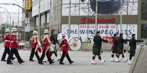 The Second Battalion Princess Patricia's Canadian Light Infantry marches in the Freedom of the City of Winnipeg on Friday at Portage and Main. Sarah Taylor / Winnipeg Free Press