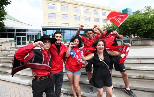 Members of the Manitoba Chile Lindo Pavillion show their disappointment in their countries soccer team losing as they gathered at the Forks Saturday.   June 28, 2014 Ruth Bonneville / Winnipeg Free Press