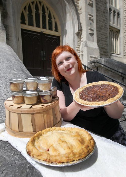 Baker Heather Daymond of Shut Ur PieHole! Makes pies that make people happy- She poses for picture outside Knox United Church where it all started with her products- See 49.8 feature- July 02, 2014   (JOE BRYKSA / WINNIPEG FREE PRESS)