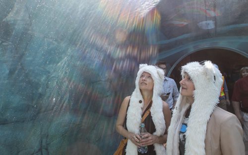 Susan Braun (left) and Jennifer Young (right) wearing distinctive polar bear head gear enter the tunnel underneath the polar bear tank after the grand opening of the Assiniboine Park Zoo exhibit Journey to Churchill. It was a new experience for many Winnipeggers as well as the polar bears who were introduced to their new home only hours earlier. 140703 - Thursday, July 03, 2014 -  (MIKE DEAL / WINNIPEG FREE PRESS)