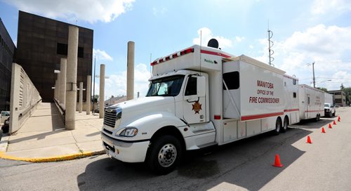 The Office of the Fire Commissioner's mobile command unit setup in Portage la Prairie, Saturday, July 5, 2014. (TREVOR HAGAN/WINNIPEG FREE PRESS)