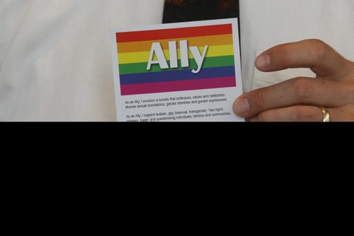 Altona teacher Peter Wohlgemut shows card he introduced to his class that he displayed at  the annual meeting of the Canadian Teachers Federation. Goes with story of his receiving a national award this Thursday at the convention for his work for gay rights.- Nick Martin story- July 07, 2014   (JOE BRYKSA / WINNIPEG FREE PRESS)