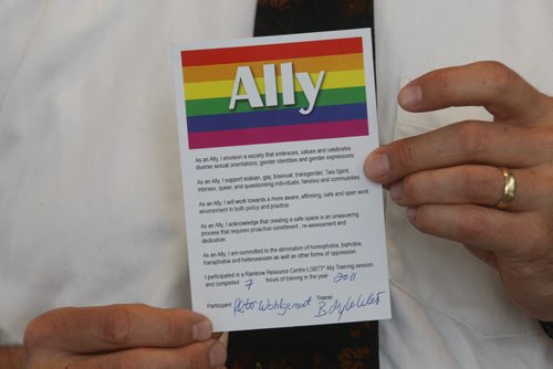Altona teacher Peter Wohlgemut shows card he introduced to his class that he displayed at  the annual meeting of the Canadian Teachers Federation. Goes with story of his receiving a national award this Thursday at the convention for his work for gay rights.- Nick Martin story- July 07, 2014   (JOE BRYKSA / WINNIPEG FREE PRESS)
