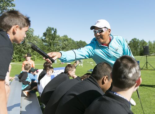 Former pro golfer Notah Begay hosts a future championship clinic at Pine Ridge Golf Club Tuesday morning for kids to learn the tricks of golf. Kids in the audience ask Begay and his fellow golf friends questions about the game. Sarah Taylor / Winnipeg Free Press July 8th, 2014