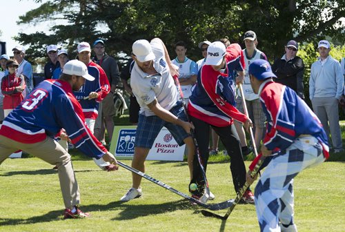 Shane Hnidy and other former hockey players take on the tour golfers in a street hockey game at Pine Ridge Golf Club winning 5-4. The game had two five minute periods and a shout out to break the 4-4 tie. Sarah Taylor / Winnipeg Free Press