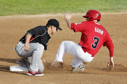 July 8, 2014 - 140708  -  Winnipeg Goldeyes Tyler Kuhn (3) is tagged out at second by Sioux Valley Explorers Amos Ramon (17) while attempting the steal in Winnipeg Monday, July 8, 2014. John Woods / Winnipeg Free Press