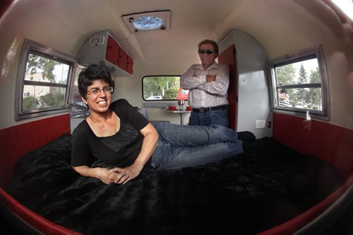 July 8, 2014 - 140708  -  On Monday, July 8, 2014 Kelly Klick and her dad Jack are photographed in the restored 1975 Boler camper. The 1975 Boler camper is owned by  Kelly Klick and Tom McMahon and was restored by Kelly and her father Jack. John Woods / Winnipeg Free Press