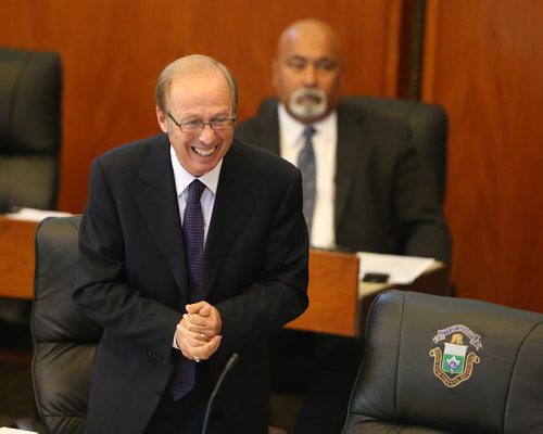 Mayor Sam Katz laughs during a meeting of Winnipeg city council on Wed., July 9, 2014, where members of the forensic auditing team that examined 33 real estate transactions explained and defended their report. Photo by Jason Halstead/Winnipeg Free Press