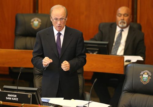 Mayor Sam Katz asks a question during a meeting of Winnipeg city council on Wed., July 9, 2014, where members of the forensic auditing team that examined 33 real estate transactions explained and defended their report. Photo by Jason Halstead/Winnipeg Free Press