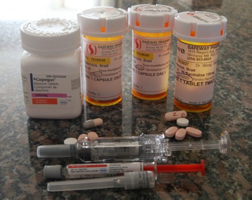Medication that Brad Mastervick ,not pictured, takes to treat his Hep C condition-See Larry Kusch  49.8 Story- July 10, 2014   (JOE BRYKSA / WINNIPEG FREE PRESS)