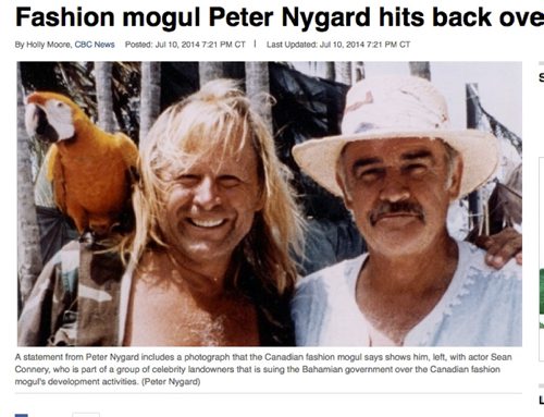 Screen grab shot of Fashion mogul Peter Nygard with actor Sean Connery, who is part of a group of celerity landowners that is suing the Bahamian government over the Canadian fashion moguls development activities. July 2014