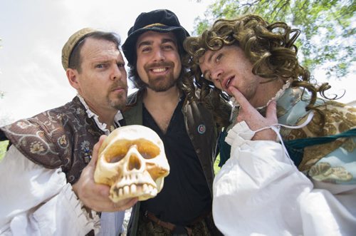 140716 Winnipeg - DAVID LIPNOWSKI / WINNIPEG FREE PRESS  (L-R) Richard Maritzer, Ryan Adam Wells, and Patrick Hercamp promote their show, Hamlet & Juliet Wednesday afternoon in Old Market Square for the official kick off to The Fringe Festival.