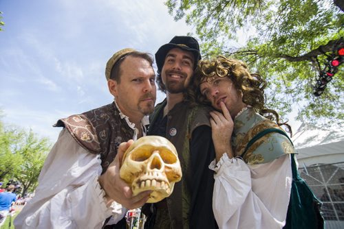 140716 Winnipeg - DAVID LIPNOWSKI / WINNIPEG FREE PRESS  (L-R) Richard Maritzer, Ryan Adam Wells, and Patrick Hercamp promote their show, Hamlet & Juliet Wednesday afternoon in Old Market Square for the official kick off to The Fringe Festival.