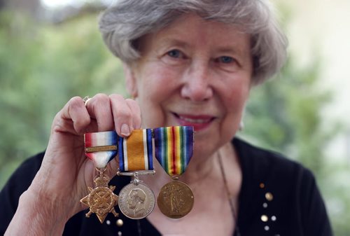 49.8 WW1 Contemptibles Mildred Wright Mildred Wright has her father Carl Rosenberg's medals from the First World War along with a photo of him and his brother in uniform. She also has a 1954 Wpg Tribune article  July 16 2014 / KEN GIGLIOTTI / WINNIPEG FREE PRESS