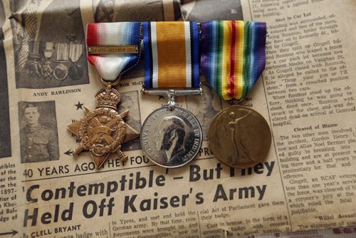 49.8 WW1 Contemptibles Mildred Wright Mildred Wright has her father Albert Rosenberg's  medals from the First World War along with a photo of him and his brother in uniform. She also has a 1954 Wpg Tribune article  July 16 2014 / KEN GIGLIOTTI / WINNIPEG FREE PRESS