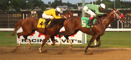 Edison, with Rico W Walcott riding leads by a length over Jet Again going into the finish at Assiniboia Downs Wednesday evening in the 6th Race, the 40th running of the Harry Jeffrey. See story. July 16, 2014 - (Phil Hossack / Winnipeg Free Press)
