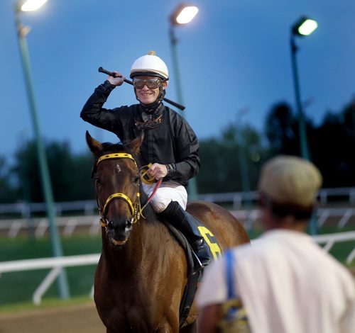 Jockey Paul M Nolan and Balooga Bull both seem to grin as they ride into the winners circle at Assiniboia Downs Wednesday evening after winning  the 7th Race, "The Wheat City" is event a primer for the Manitoba Derby. See story. July 16, 2014 - (Phil Hossack / Winnipeg Free Press)