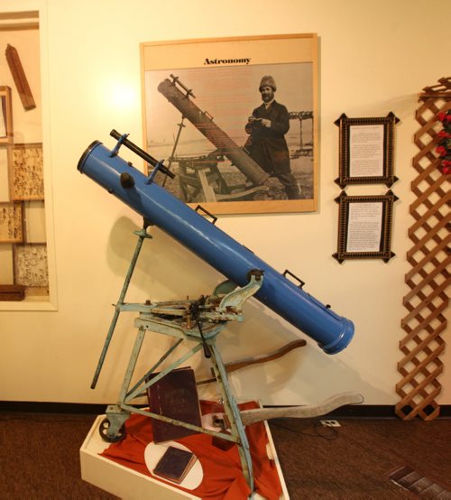 Percy Criddle with his telescope in  Sipiweske Museum in Wawanesa Manitoba .  Oriole Vane Veldhuis, author of For Elise, who has rescurrected the Criddle - Vane story with her research and depiction of Criddle's mistress Else Vane who was actually engaged to Criddle for  but who he never married.  49er feature on the Criddle family the park is named after. Percy Criddle, a somewhat wealthy merchant, arrived from London in 1882 with his wife and four children, and his German mistress Else and their five children.  They homesteaded in this weird arrangement, passing off his mistress as a widow who worked as the family maid. The provincial park still carries many of their effects, although vandals torched the home  about two weeks ago. Homestead is near Shilo Manitoba.  See Bill Redekop story.   July 16, 2014 Ruth Bonneville / Winnipeg Free Press