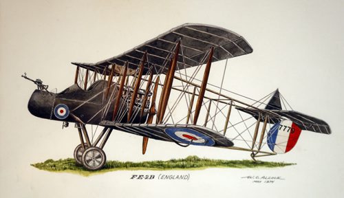 49.8 - WW1 -Art work of the type of plabe  Baird flew in WW1 .   Brian Baird For First World War feature. Brian Baird has in his possession a wooden prop from the plane an Royal  Aircraft Factory  , Farmen Experimental 2  or FE2b his grandfather LT. G. Baird  (RFC) Squadron 148  crashed in during the First World War in France  - kevin Rollason story July 18 2014 / KEN GIGLIOTTI / WINNIPEG FREE PRESS
