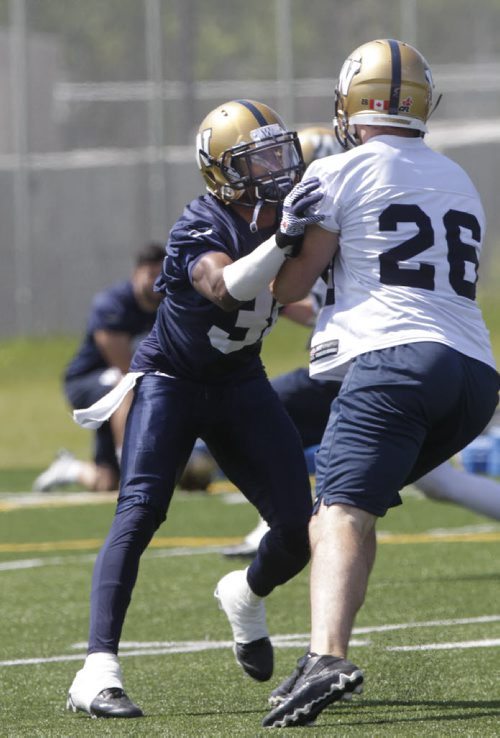 Winnipeg Blue Bombers defensive back Moe Leggett at left against  #26  Carl Fitzgerald during the team's practice at Bison field Tuesday. The Blue Bombers next game is Friday night in B.C. against the Lions. Ed Tait story. Wayne Glowacki / Winnipeg Free Press July 22 2014