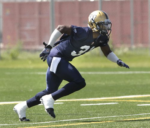 Winnipeg Blue Bombers defensive back Moe Leggett during the team's practice at Bison field Tuesday. The Blue Bombers next game is Friday night in B.C. against the Lions. Ed Tait story. Wayne Glowacki / Winnipeg Free Press July 22 2014