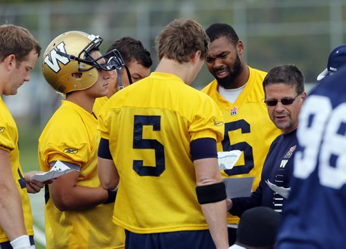 Offensive Coordinator Marcel Bellefeuille talks to all 4 Bomber QB's  on the sidelines during practice  July 23 2014 / KEN GIGLIOTTI / WINNIPEG FREE PRESS