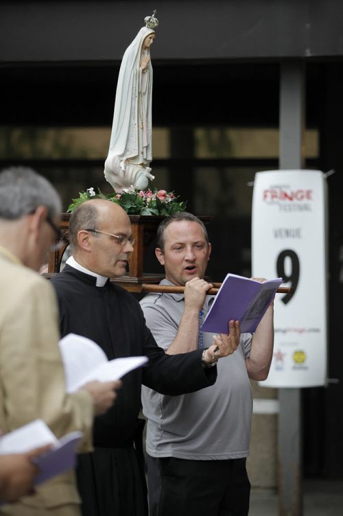 July 24, 2014 - 140724  -  About thirty people gathered to protest a Fringe play at the University of Winnipeg in Winnipeg Thursday, July 24, 2014.  John Woods / Winnipeg Free Press