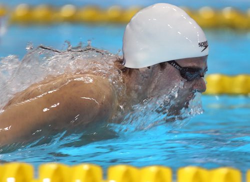 Wyatt Yarish of the  Manata Swim Club in Winnipeg  competes in the  17-18 yr old final  of the boys 200 m fly at the 2014 Canadian Age Group Championships at Pan Am Pool in Winnipeg -For sports slideshow- July 25, 2014   (JOE BRYKSA / WINNIPEG FREE PRESS)