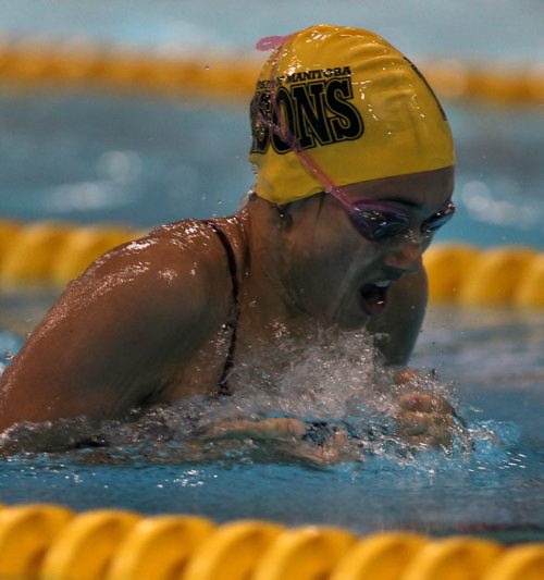 Kelsey Wog of the University of Manitoba Bisons swim club swims for gold in the 15 yr old  girls 100 m  Breaststroke at the 2014 Canadian Age Group Championships at Pan Am Pool in Winnipeg For sports slideshow- July 25, 2014   (JOE BRYKSA / WINNIPEG FREE PRESS)