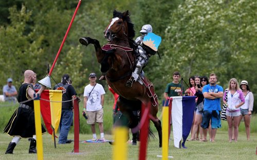 A horse rears up during a jousting competition at the Medieval Festival in Cooks Creek, Saturday, July 26, 2014. (TREVOR HAGAN/WINNIPEG FREE PRESS)