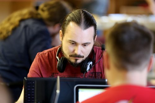 Anthony Dorge, one of over 70 game developers participating in a Game Jam at ACI on McDermot Avenue, where they have 48 hours to bring their preliminary game ideas to life, Saturday, July 26, 2014. (TREVOR HAGAN/WINNIPEG FREE PRESS)