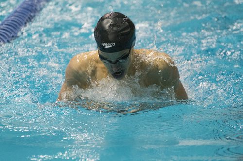 Manta swimmer Simon Meier competes in the 200 breaststroke race at Pam Am Pool on Saturday. Sarah Taylor / Winnipeg Free Press July 26, 2014