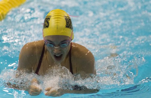 University of Manitoba Bison swimmer Kelsey Wog competes in the 200 breaststroke race at Pam Am Pool on Saturday. Sarah Taylor / Winnipeg Free Press July 26, 2014