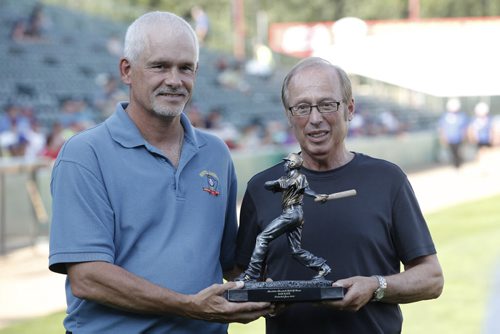 July 28, 2014 - 140728  -  Goldeyes owner Sam Katz is welcomed into the Manitoba Baseball Hall of Fame at the All Stars Skills Competition in Winnipeg Monday, July 28, 2014.  John Woods / Winnipeg Free Press