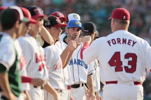 July 29, 2014 - 140729  -  Rick Forney fist pumps his team in the 2014 American Association All-Star game in Winnipeg Tuesday, July 29, 2014.  John Woods / Winnipeg Free Press