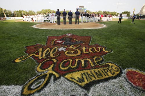 July 29, 2014 - 140729  - Teams line up for anthems prior to the 2014 American Association All-Star game in Winnipeg Tuesday, July 29, 2014.  John Woods / Winnipeg Free Press