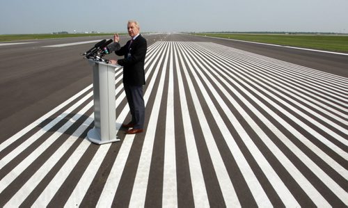 Barry Rempel pres. CEO of the Winnipeg Airports Authority gives a media tour Thursday morning of the newly completed Runway 18/36 at the James Richardson International Airport which will help reduce the number of planes flying over homes in River Heights. Murray McNeill story. Wayne Glowacki/Winnipeg Free Press July 31 2014