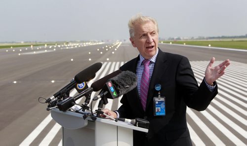 Barry Rempel pres. CEO of the Winnipeg Airports Authority gives¤¤a media tour Thursday morning of the newly completed Runway 18/36 at the¤ James Richardson International Airport which will help reduce the number of planes flying over homes in River Heights. Murray McNeill story. Wayne Glowacki/Winnipeg Free Press July 31 2014