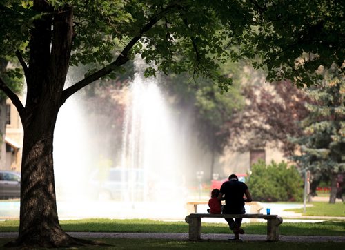 Father and son take shade under a tree in front of the fountain at Memorial Park on Friday afternoon. 140801 - Friday, August 01, 2014 - (Melissa Tait / Winnipeg Free Press)